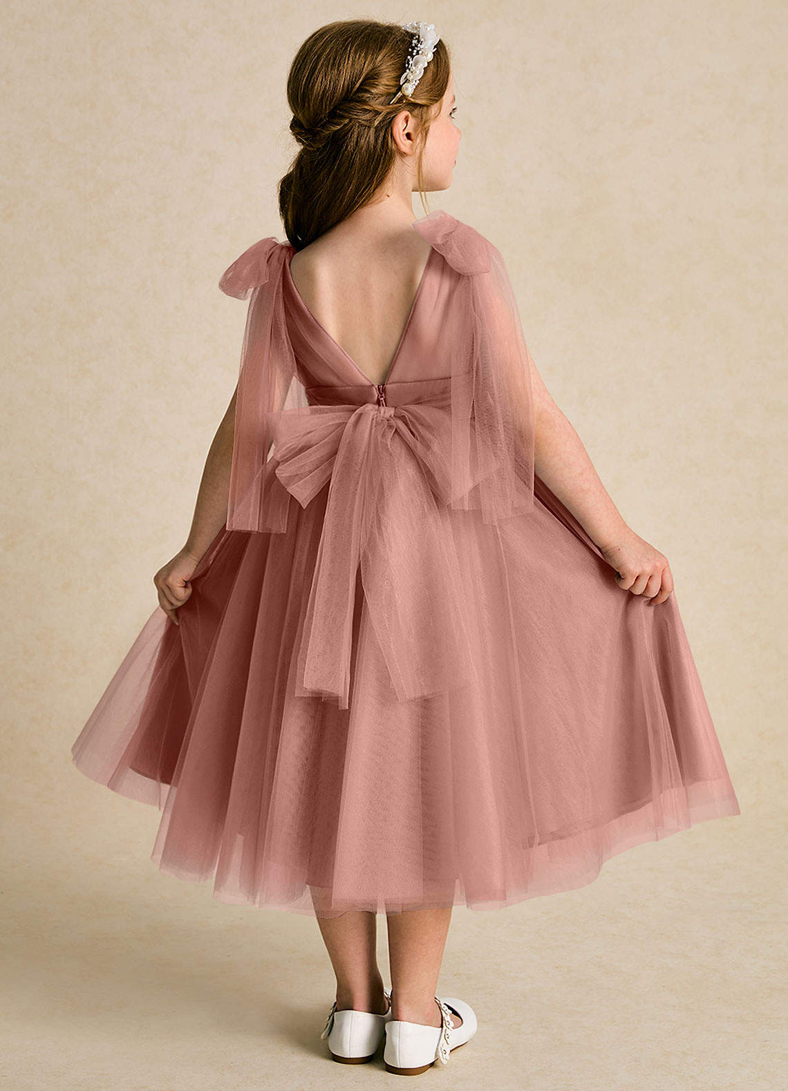 Azazie Dori Robe Demoiselle D'honneur Fillette Robe Trapèze en Tulle Rayé Rose De Cèdre image1