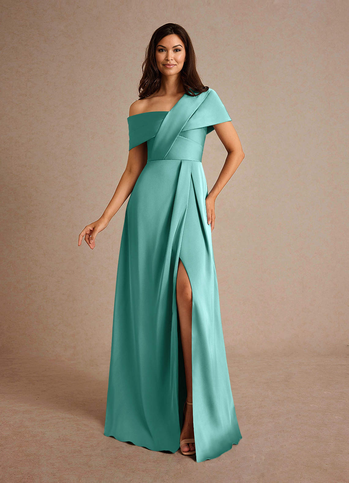 Azazie Milton Mother of the Bride Dresses Aqua A-Line Pleated Stretch Satin Dress image1