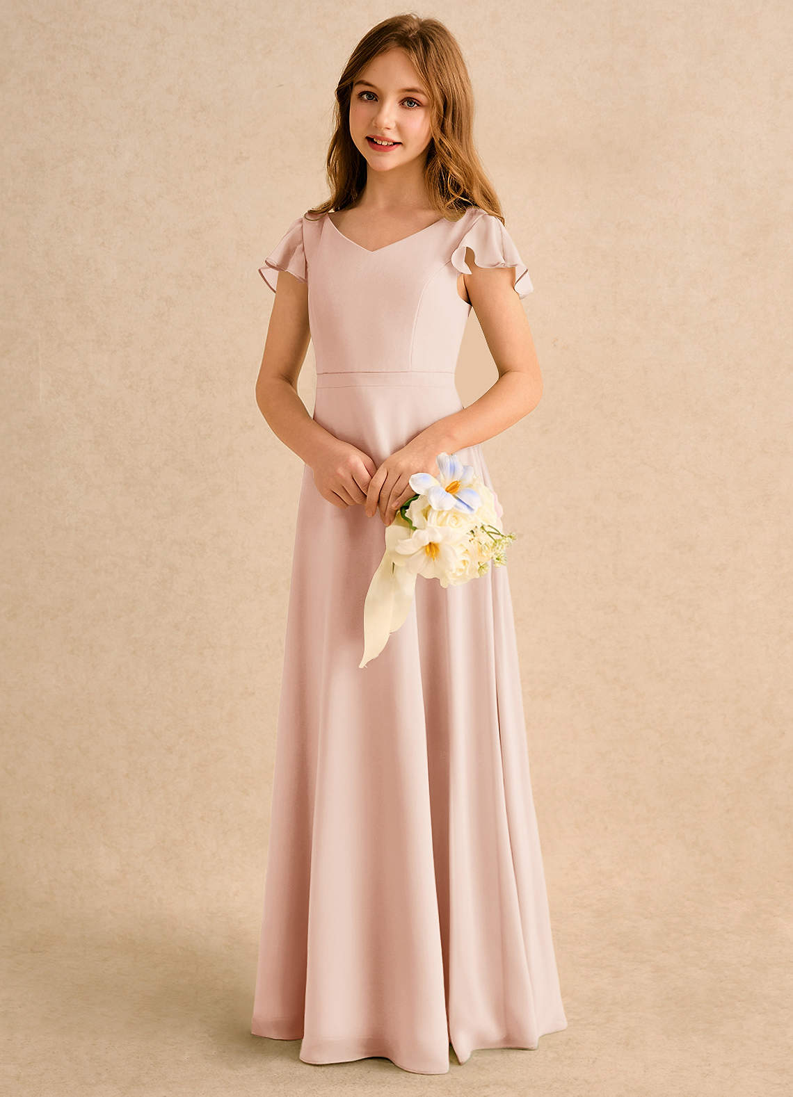 Azazie Nari Girls Formal Flower Girl Dresses English Rose A-Line with Sleeves Chiffon Dress image2