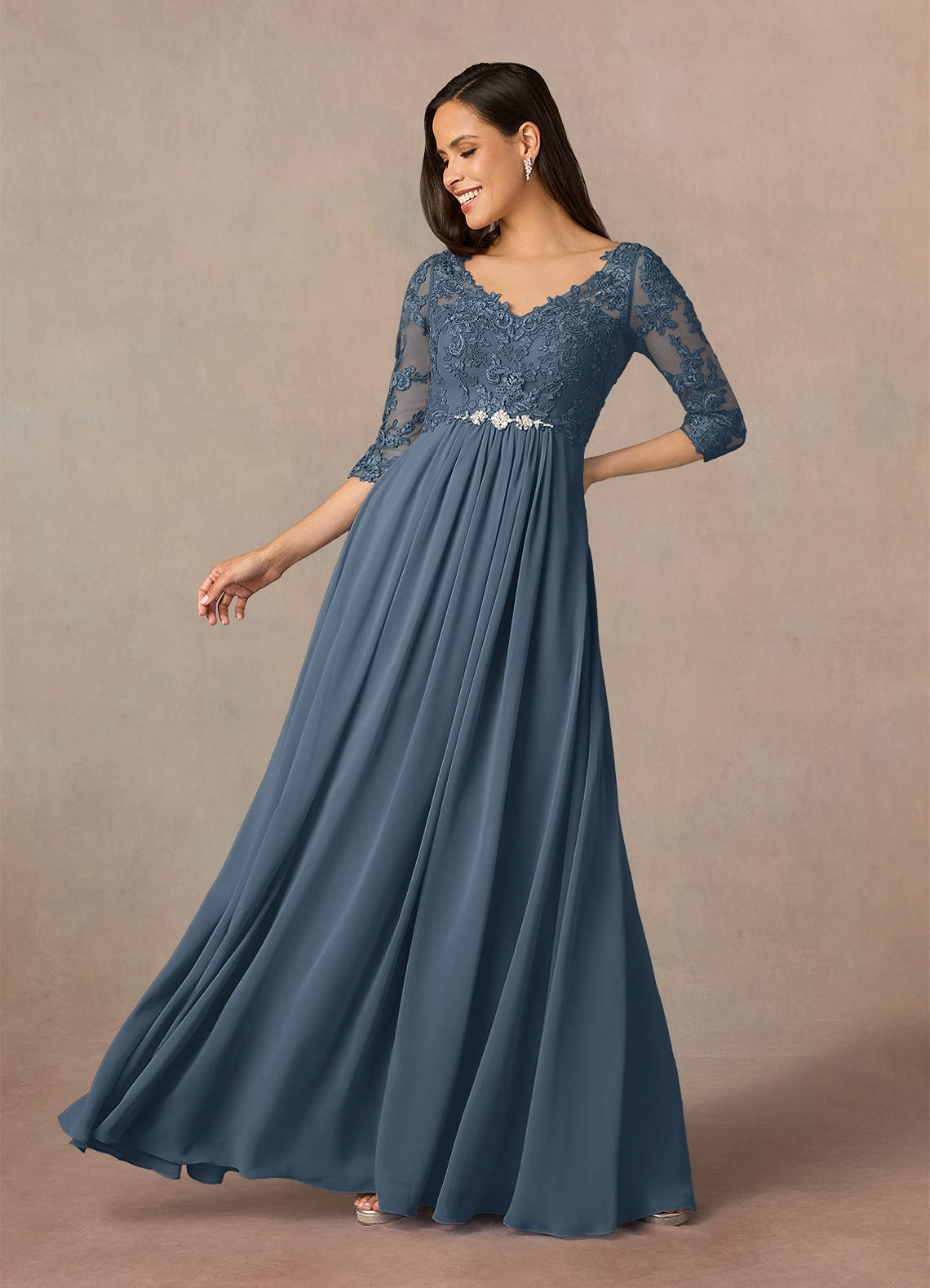 Azazie Hayek Mother of the Bride Dresses Neptune A-Line V-Neck Lace Chiffon Dress image1