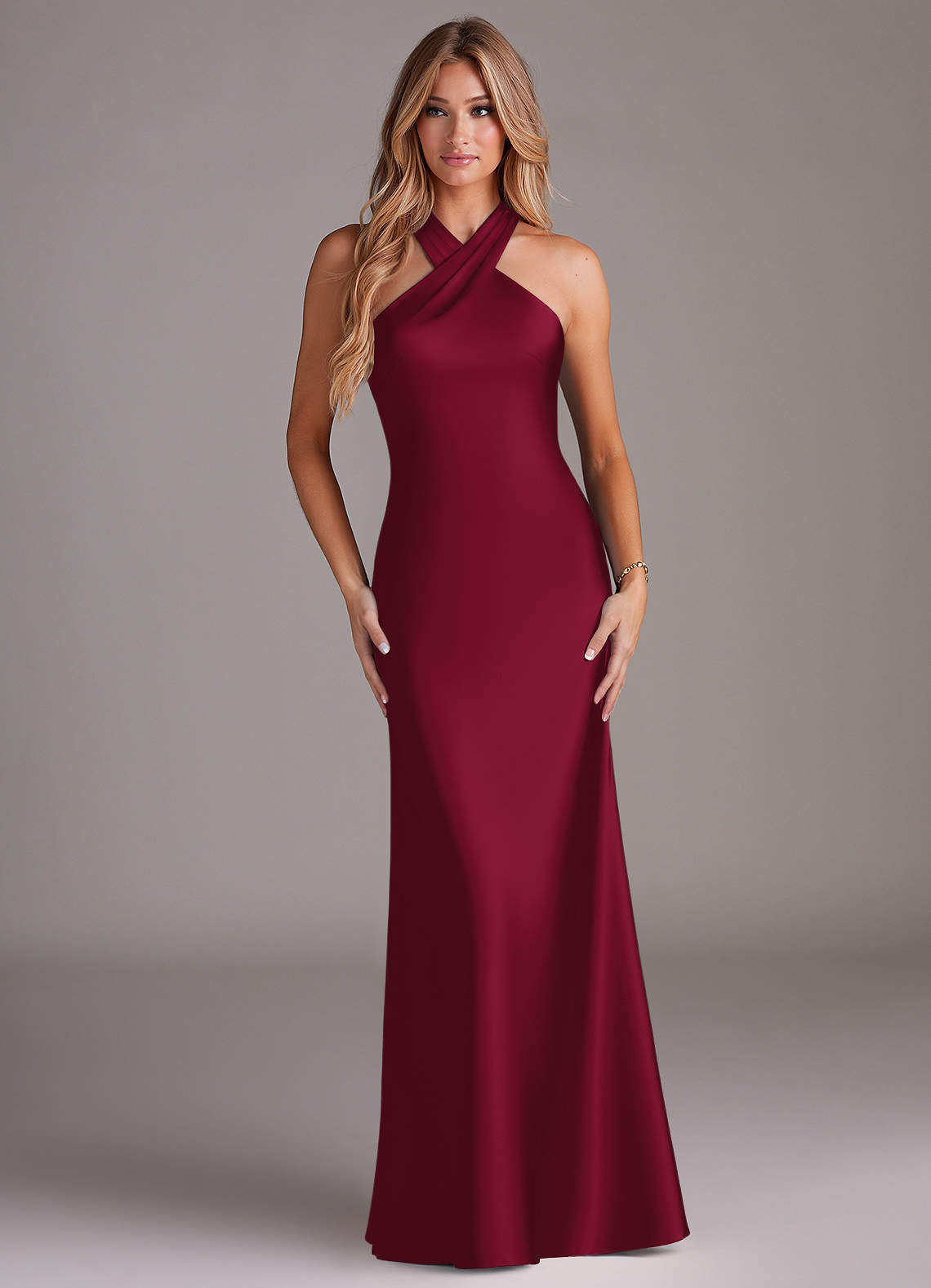Azazie Doretta Bridesmaid Dresses Burgundy Mermaid Pleated Stretch Satin Dress image1