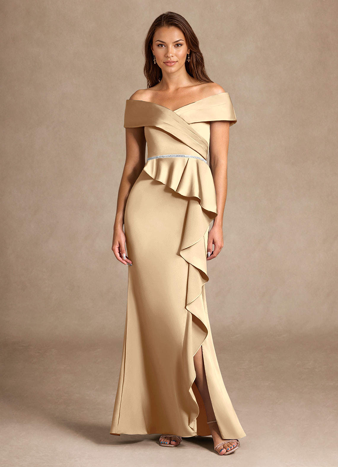 Azazie Dareia Kleider für die Brautmutter Meerjungfrau-Linie Schulterfrei Stretch-Satin Kleid Champagner image1