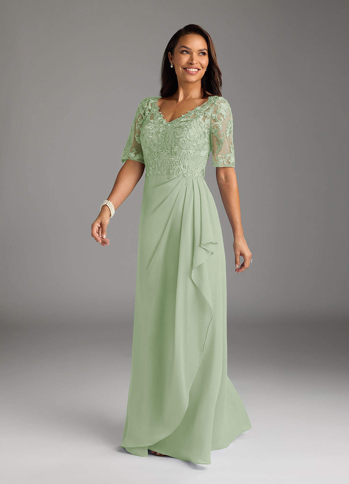 Azazie Amedeus Dusty Sage A-Line V-Neck Lace Chiffon Dress | Azazie