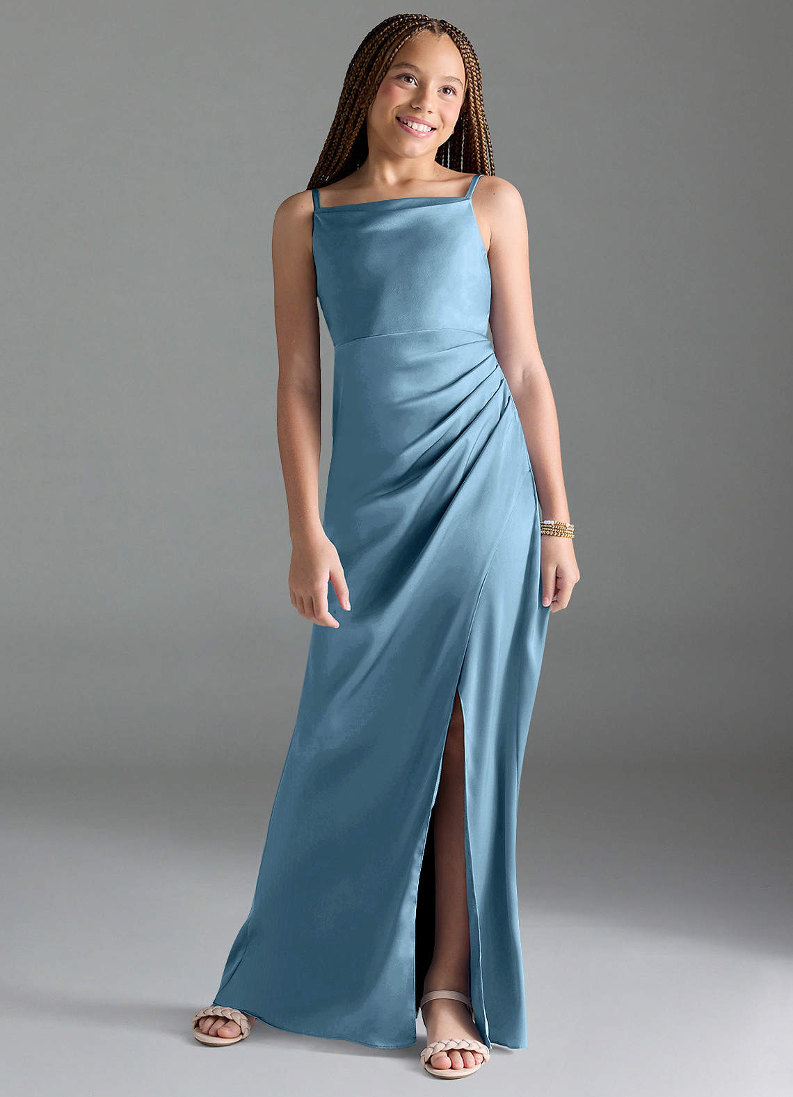 Azazie Leonis Junior Vestido Aço Azul de Cetim elástico de Linha A com Plissado image1