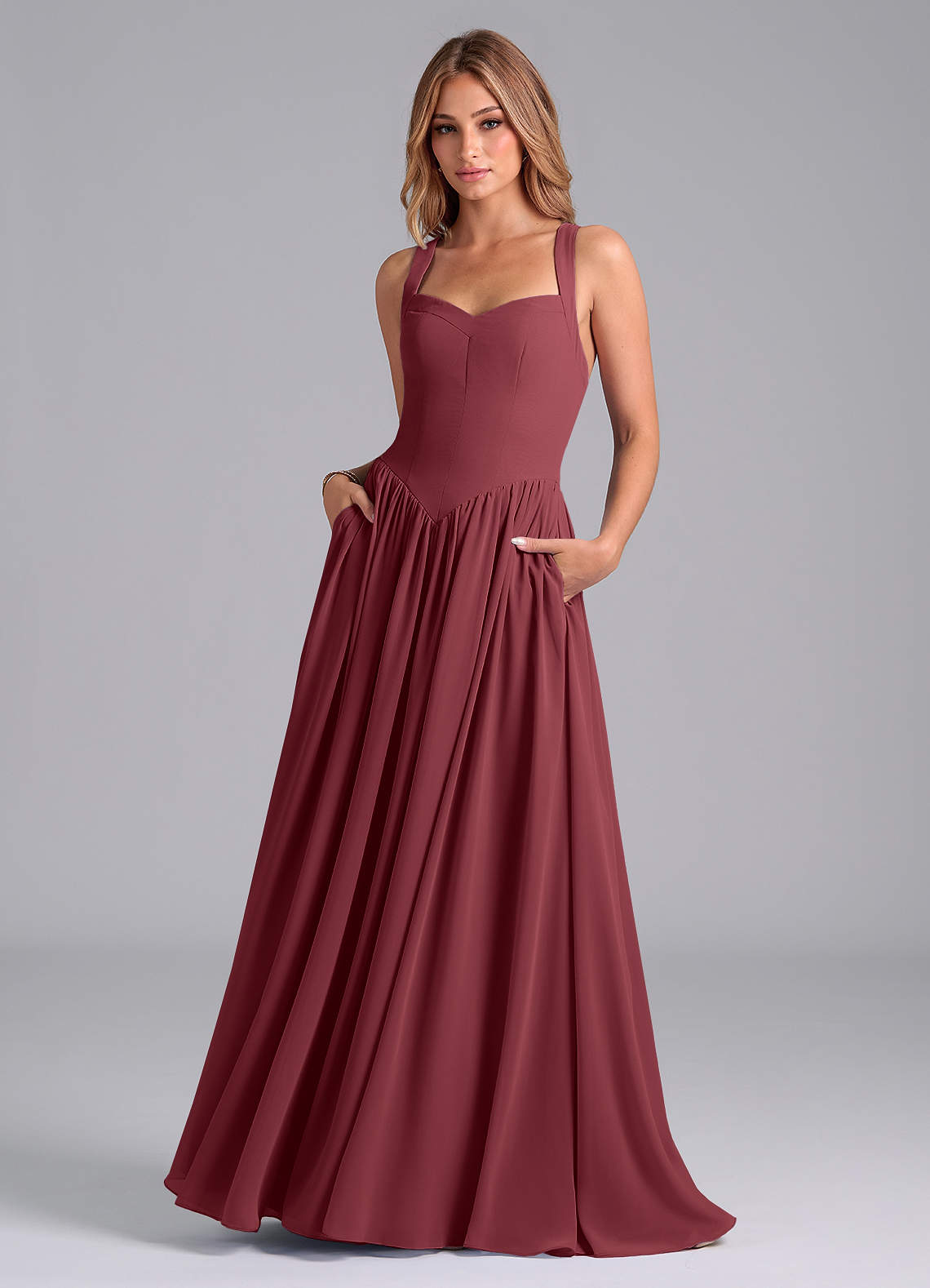 Azazie Francis Bridesmaid Dresses Merlot A-Line Corset Chiffon Dress image1