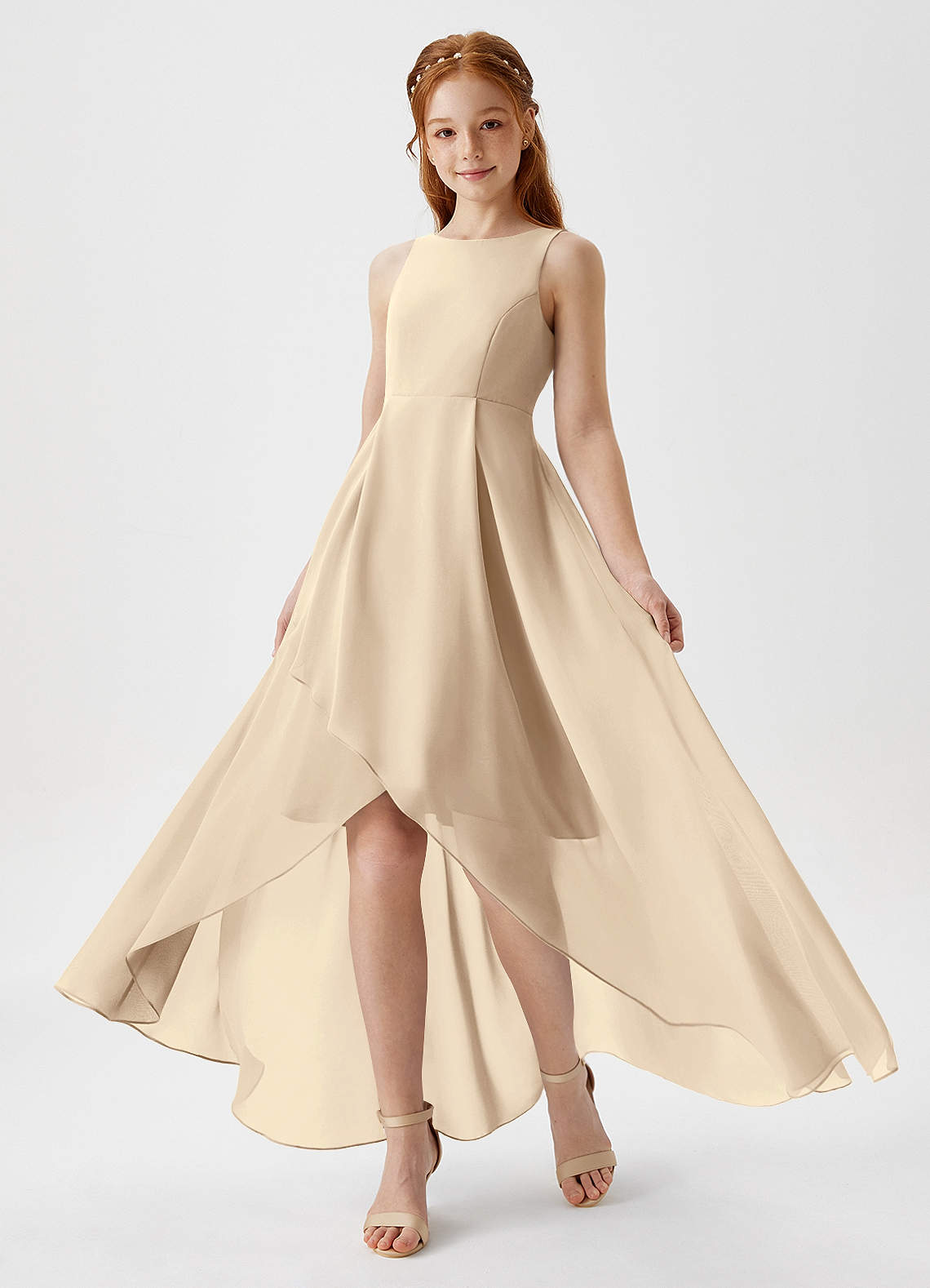 Azazie Lizette Junior Champagne A-Line Pleated Chiffon Dress image1