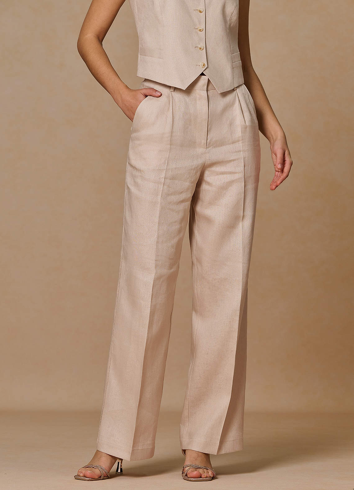 front Belicia Tan 100% Linen Pants