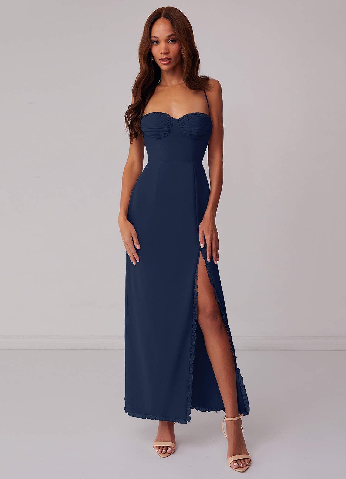 Barbie ♥ Azazie Bridesmaid Dresses Dark Navy Sheath Corset Chiffon Dress image1