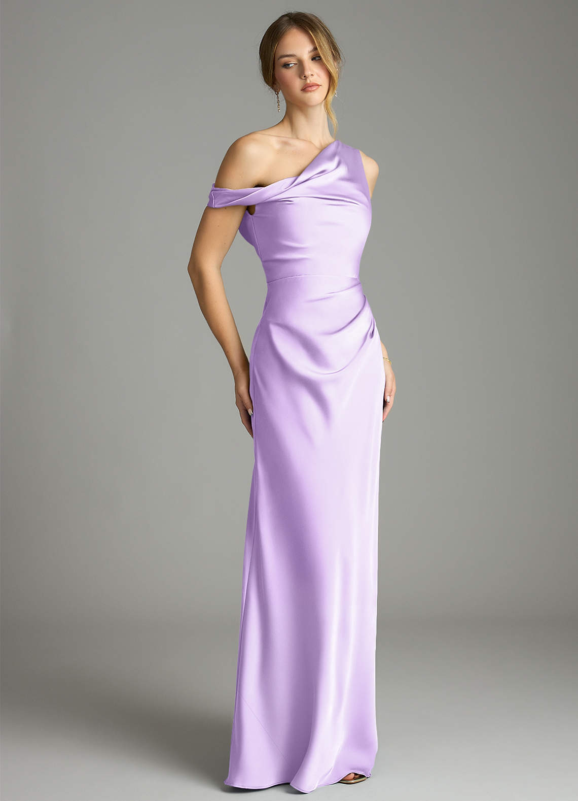 Azazie Emerson Bridesmaid Dresses Lilac Mermaid Off the Shoulder Stretch Satin Dress image4