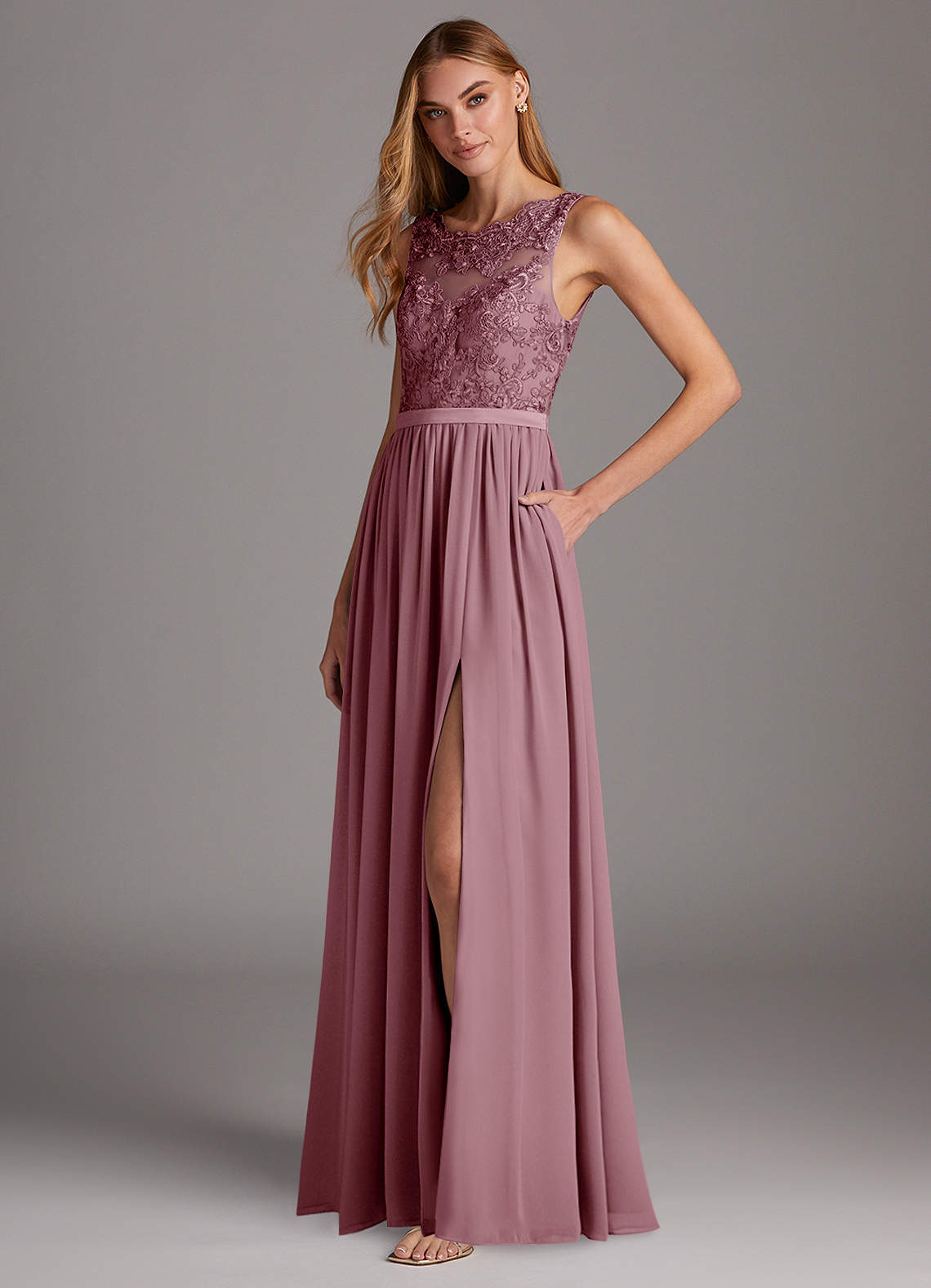 Azazie Elly Bridesmaid Dresses Vintage Mauve A-Line Lace Scoop Neck Chiffon Dress image1