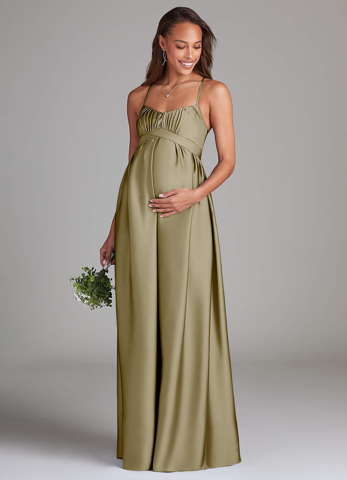 Azazie Llana Gravid brudtärna klänningar Klänning A-Linje med fickor Golvlängd Stretch Satin image1