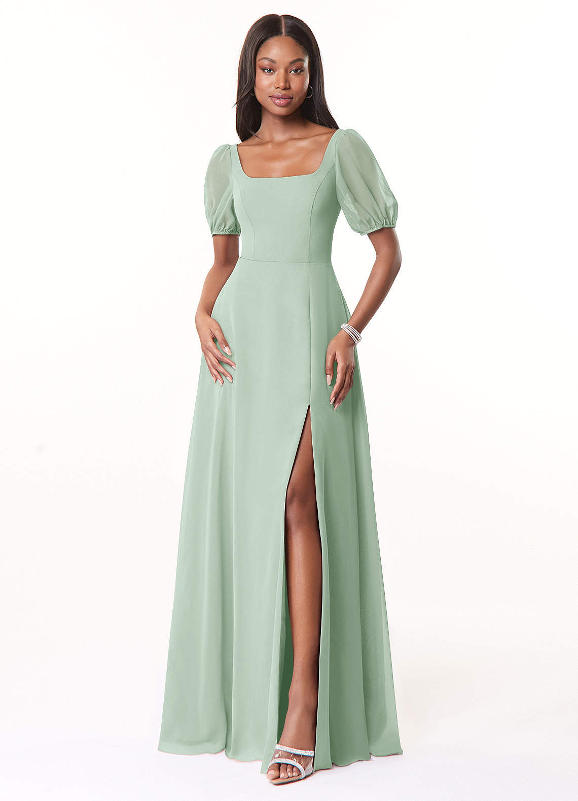 Azazie Alani Bridesmaid Dresses Agave A-Line Square Neckline Chiffon Dress image1