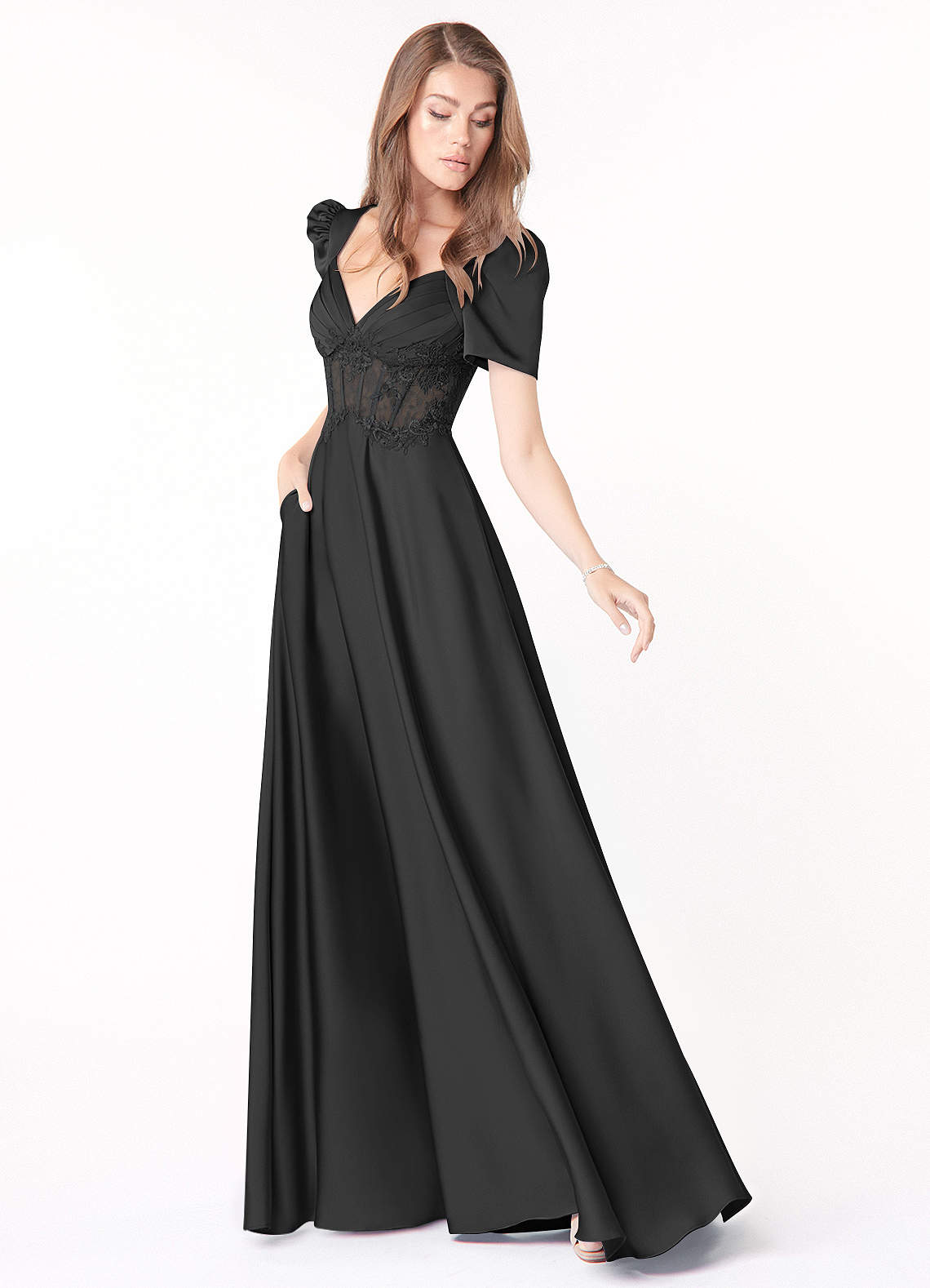 Azazie Sibyl Final Sale Black A-Line Lace Stretch Satin Dress image1