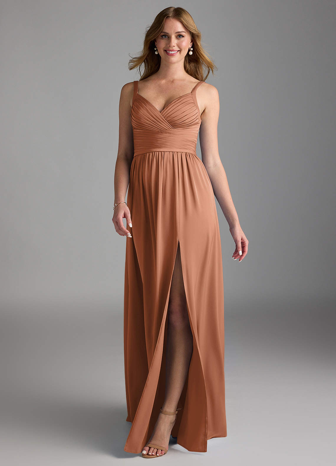 Azazie Chanel Bridesmaid Dresses Bronzer A-Line Pleated Stretch Satin Dress image1