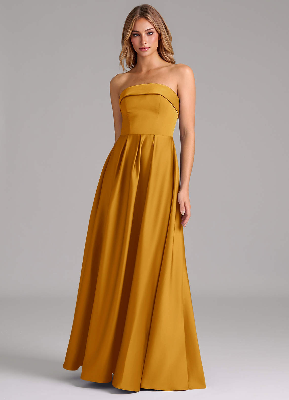 Azazie Lucienne Bridesmaid Dresses Butterscotch A-Line Strapless Stretch Satin Convertible Dress image1