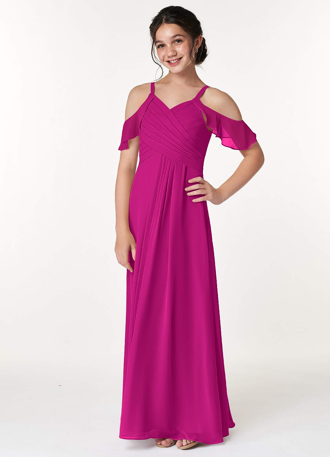 Azazie Dakota Junior Fuchsia A-Line Off the Shoulder Chiffon Dress image4