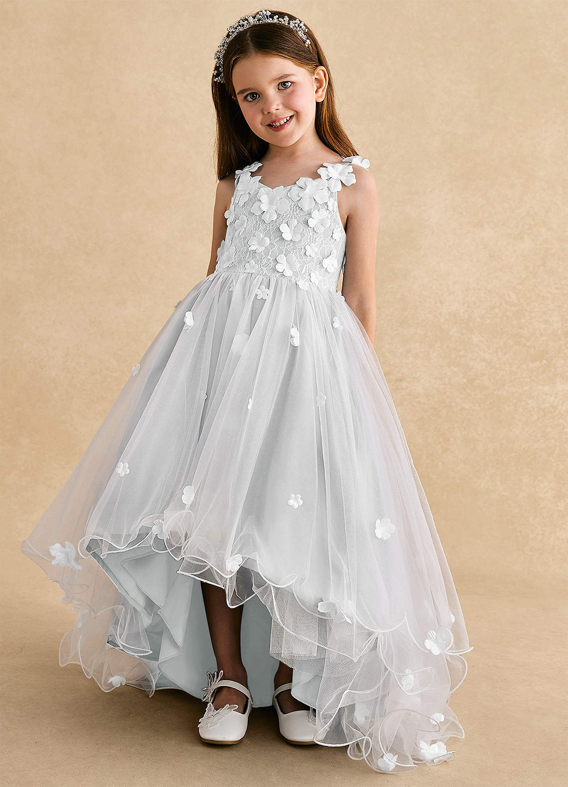 Azazie Celia Flower Girl Dresses Diamond White A-Line Lace Tulle Dress image5