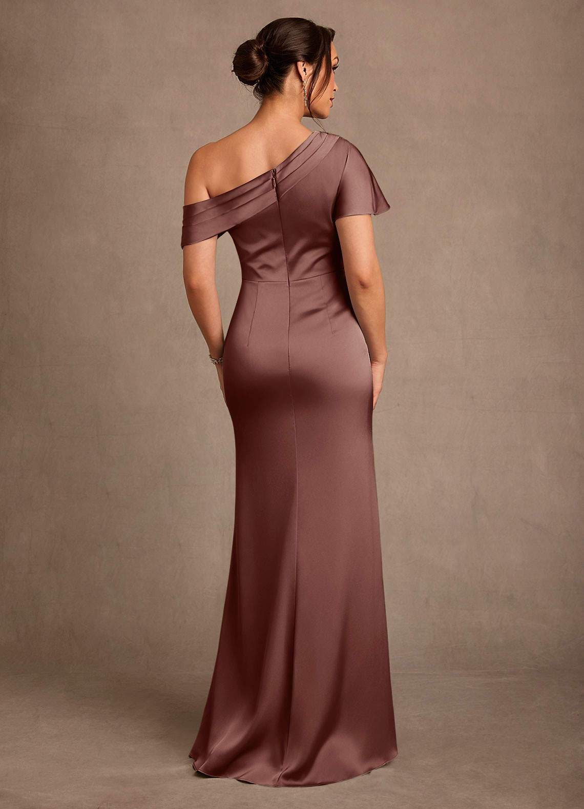 Azazie Rutha Mother of the Bride Dresses Espresso Sheath One Shoulder Stretch Satin Dress image1