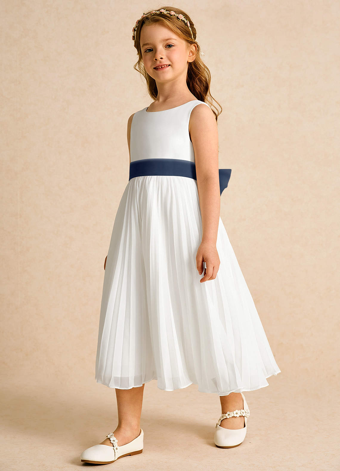 Azazie Margot Flower Girl Dresses Ivory Dark Navy A-Line Pleated Chiffon Dress image1