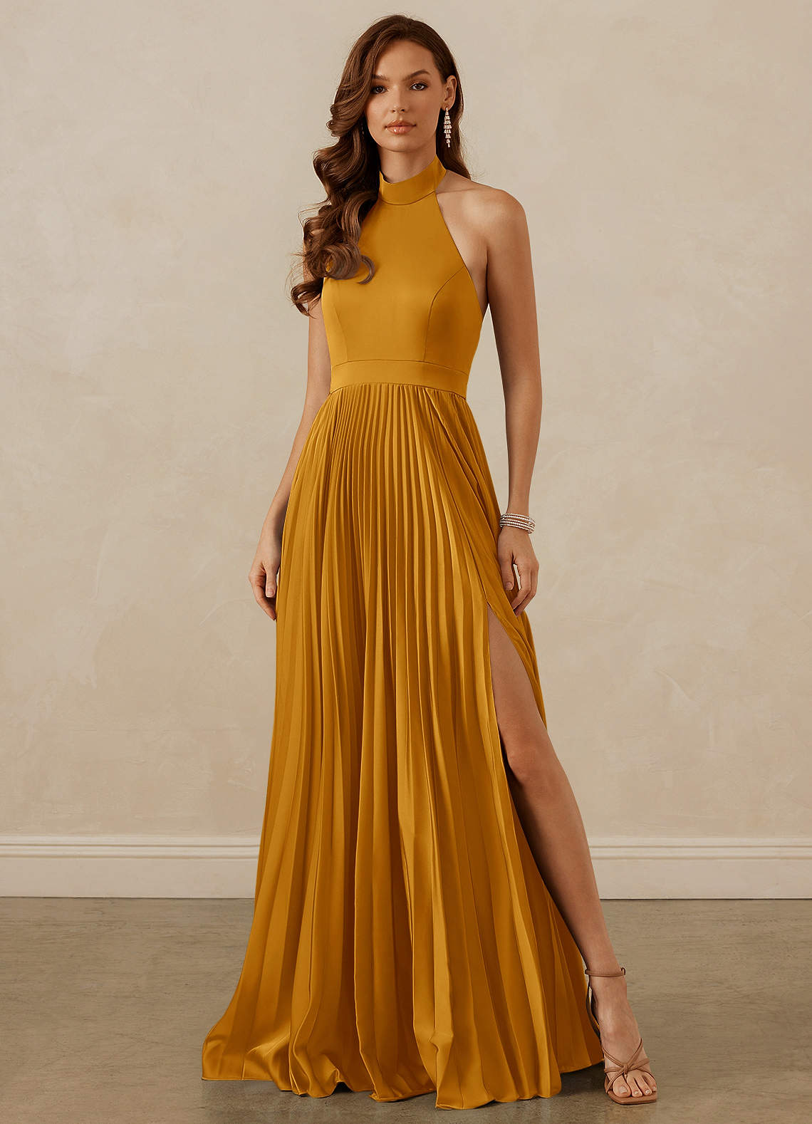 Christian Siriano Bridal for Azazie 1007 Bridesmaid Dresses Butterscotch A-Line Pleated Stretch Satin Dress image1
