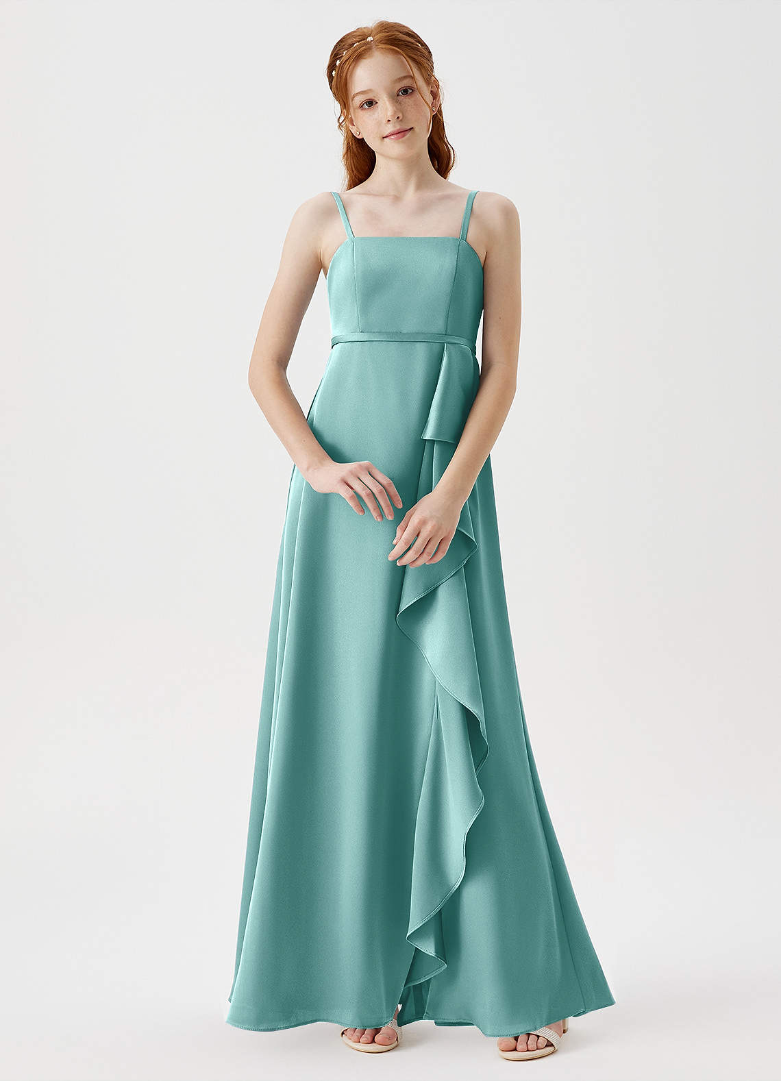Azazie Kaylee Junior Aqua A-Line with Belt Stretch Satin Dress image1