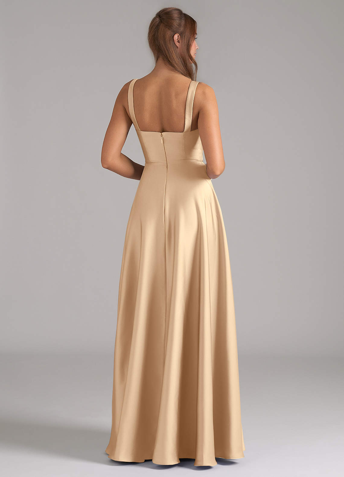 Azazie Shaude Bridesmaid Dresses Champagne A-Line Pleated Stretch Satin Dress image5