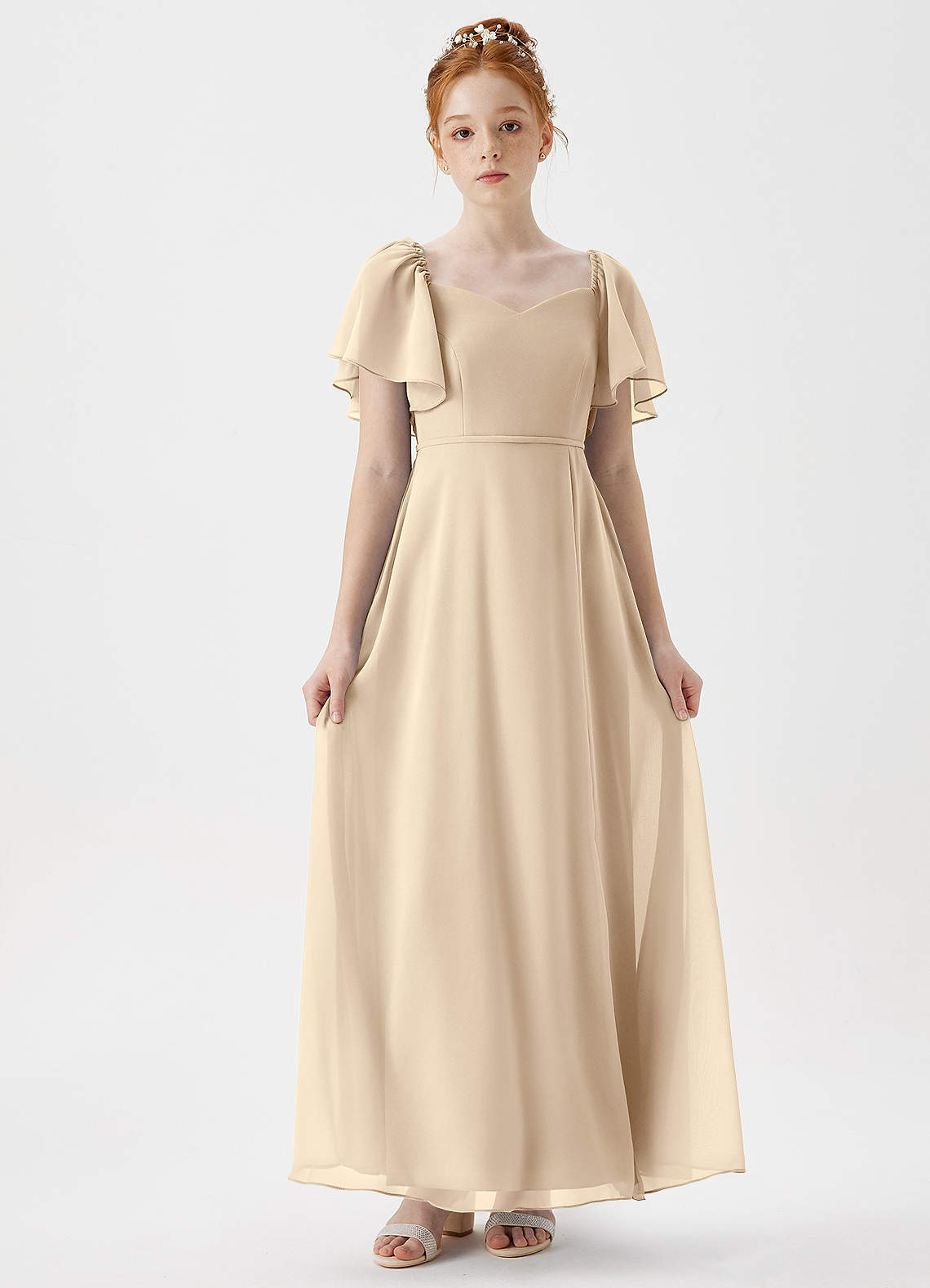 Azazie Chloe Junior Champagne A-Line Sweetheart Neckline Chiffon Dress image1