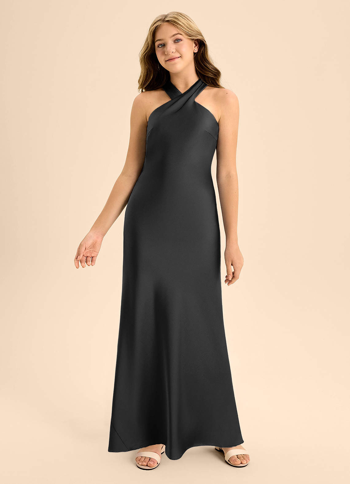 Azazie Doretta Junior Black A-Line Pleated Stretch Satin Dress image3