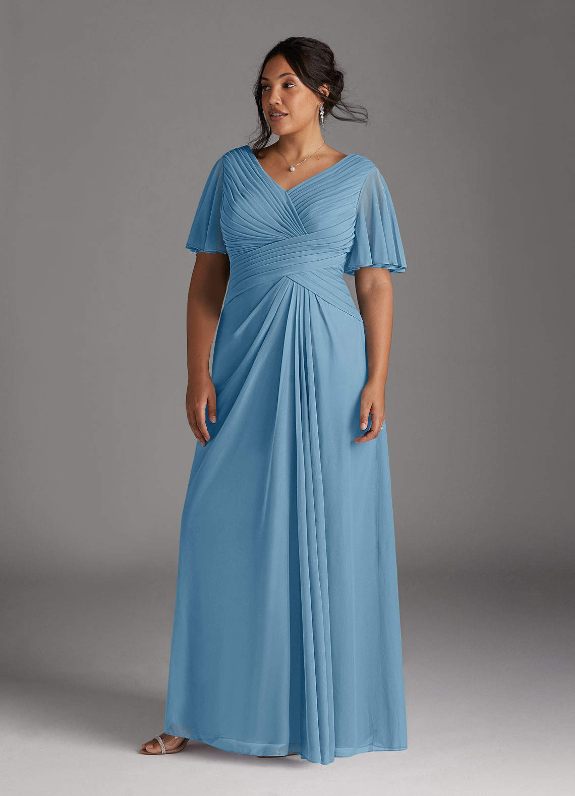 Azazie Emmeline Mother of the Bride Dresses Steel Blue A-Line V-Neck Pleated Mesh Dress image1