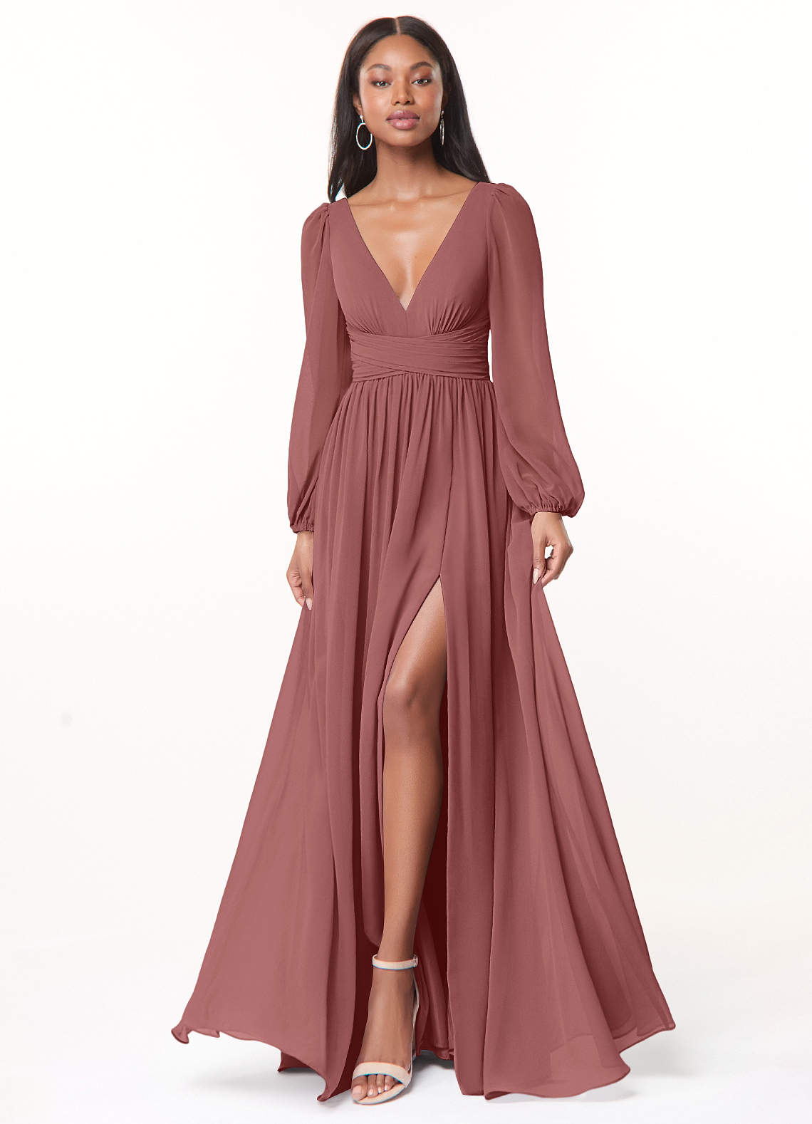 Azazie Norah Bridesmaid Dresses Amethyst A-Line V-Neck Long Sleeve Chiffon Dress image1