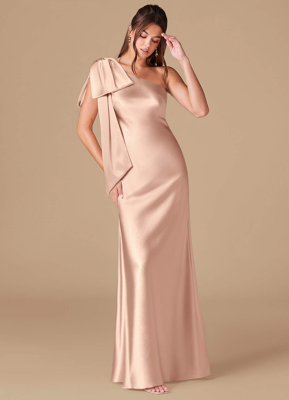 Azazie Capri Bridesmaid Dresses English Rose Sheath One Shoulder Metallic Satin Dress image1