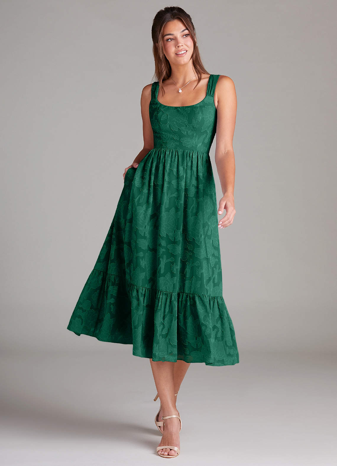 Azazie A-Line Square Neck Midi Floral Burnout Bridesmaid Dresses - Emerald