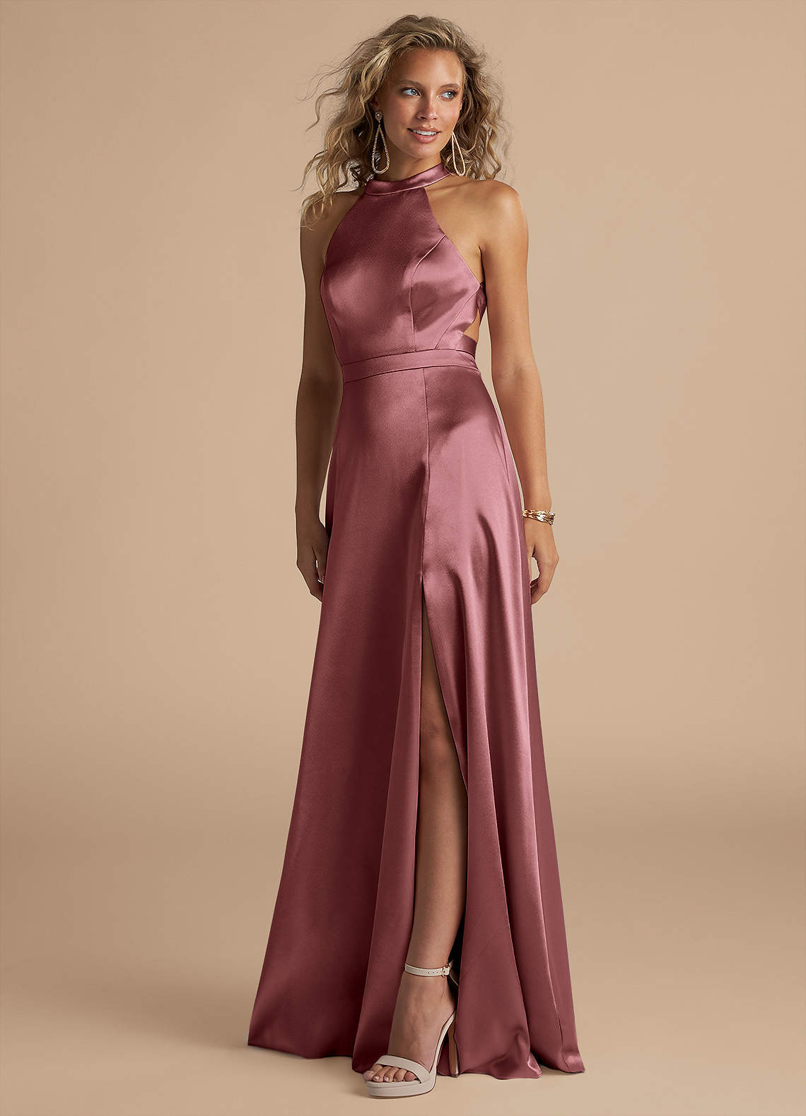 Azazie Clarice Bridesmaid Dresses Vintage Mauve A-Line High Neck Metallic Satin Dress image1