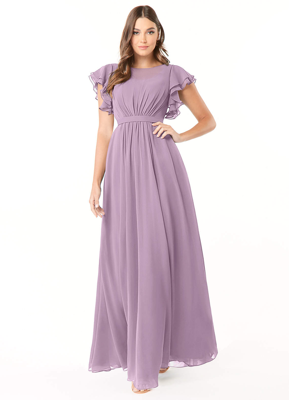 Azazie Daphne Modest Bridesmaid Dresses A-Line Ruffled Chiffon Floor-Length Dress image1