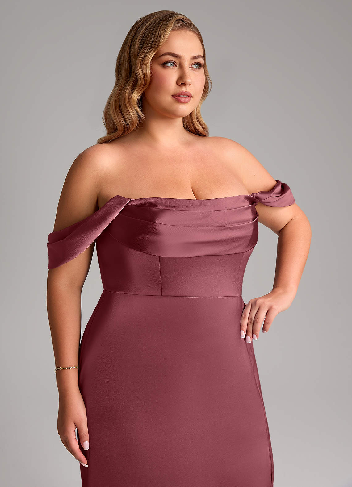 Azazie Saige Bridesmaid Dresses Desert Rose Sheath Off the Shoulder Stretch Satin Dress image14