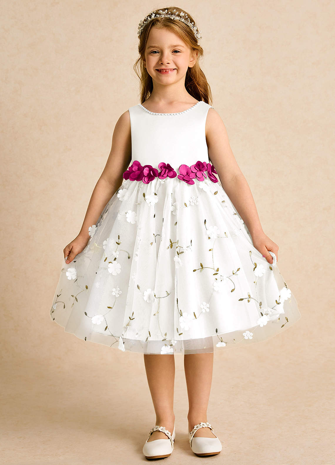 Azazie Starri Flower Girl Dresses Ivory Fuchsia Ball-Gown Beaded Matte Satin Dress image1