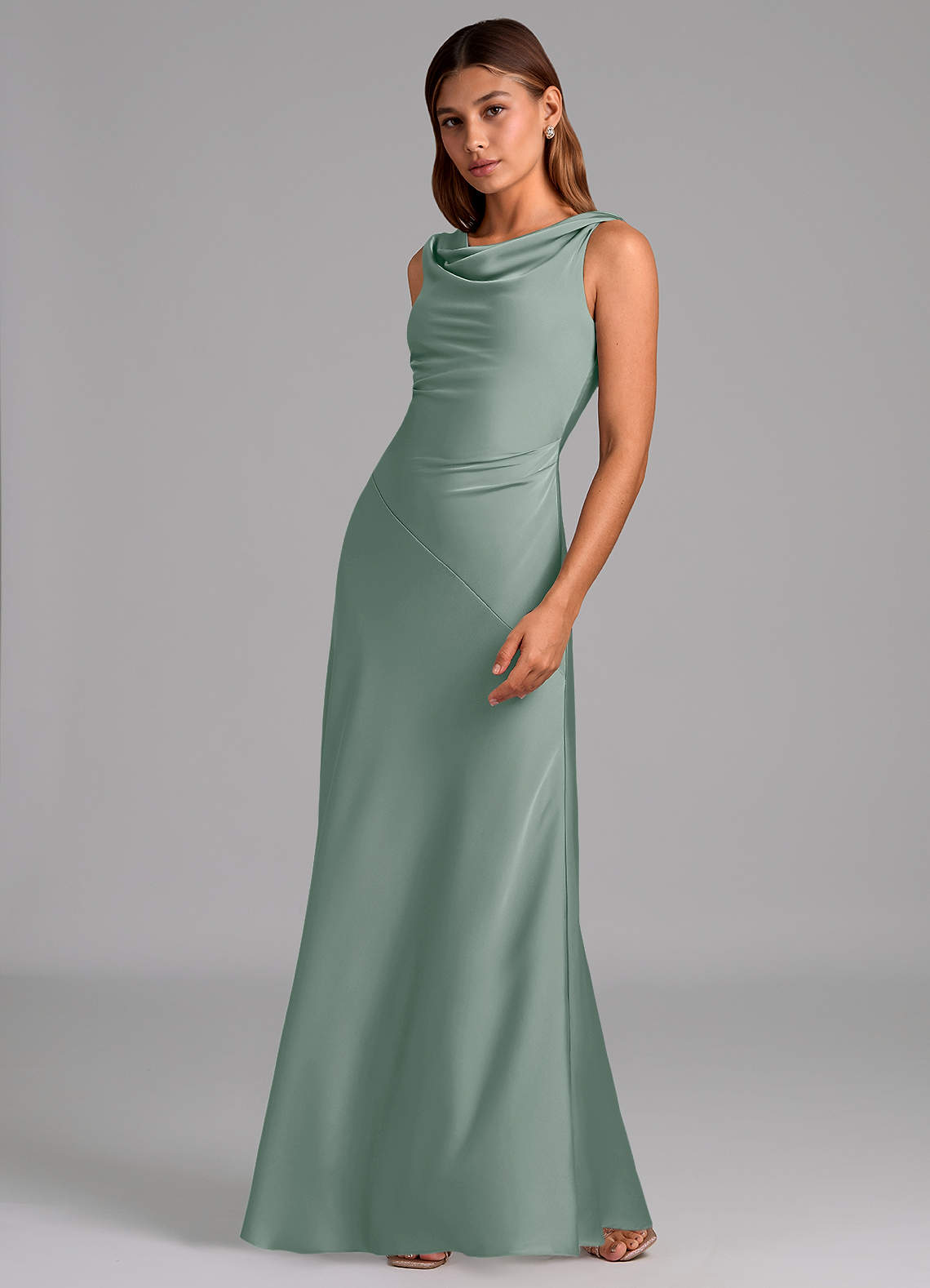 Azazie Nerine Silver Sage Stretch Satin Bridesmaid Dresses | Azazie UK