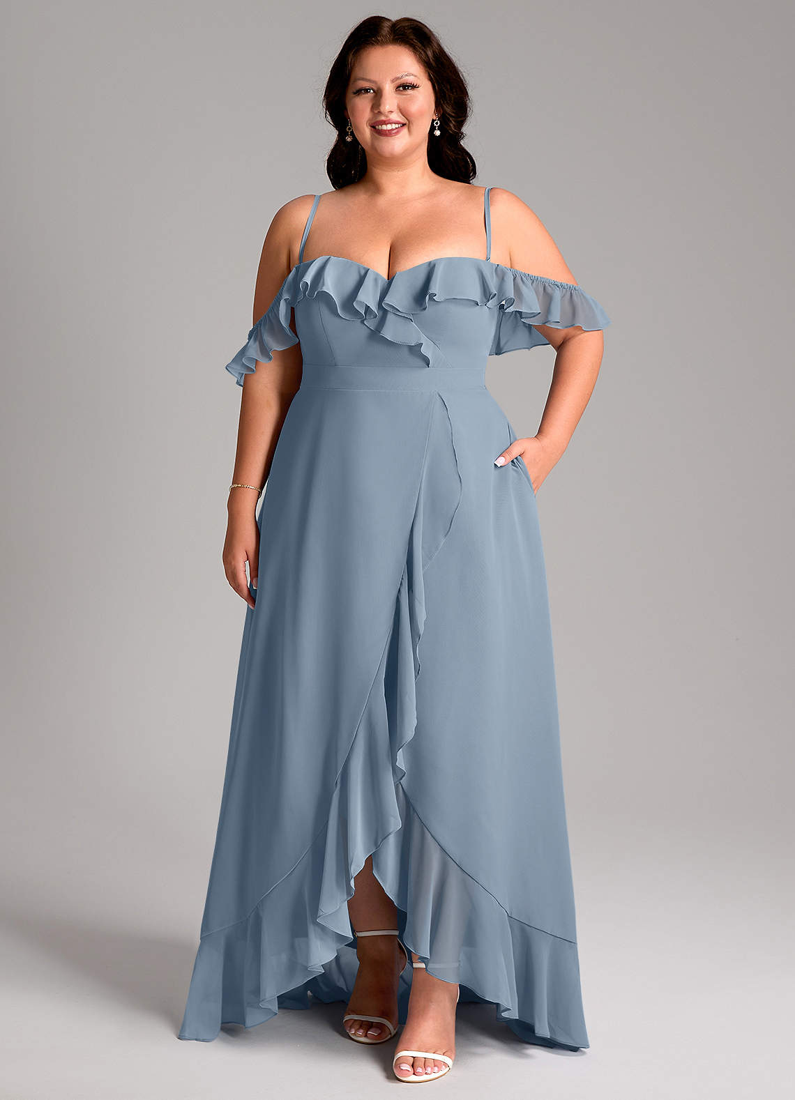 Azazie Lyra At-home Try On Dresses Dusty Blue A-Line Chiffon Convertible Dress image15