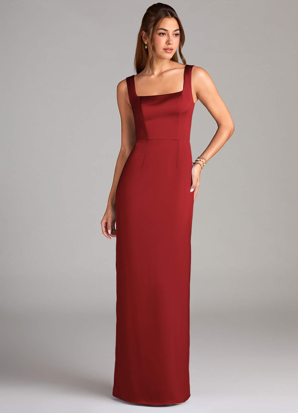 Azazie Flori Bridesmaid Dresses Pomegranate Sheath Side Slit Stretch Satin Dress image1