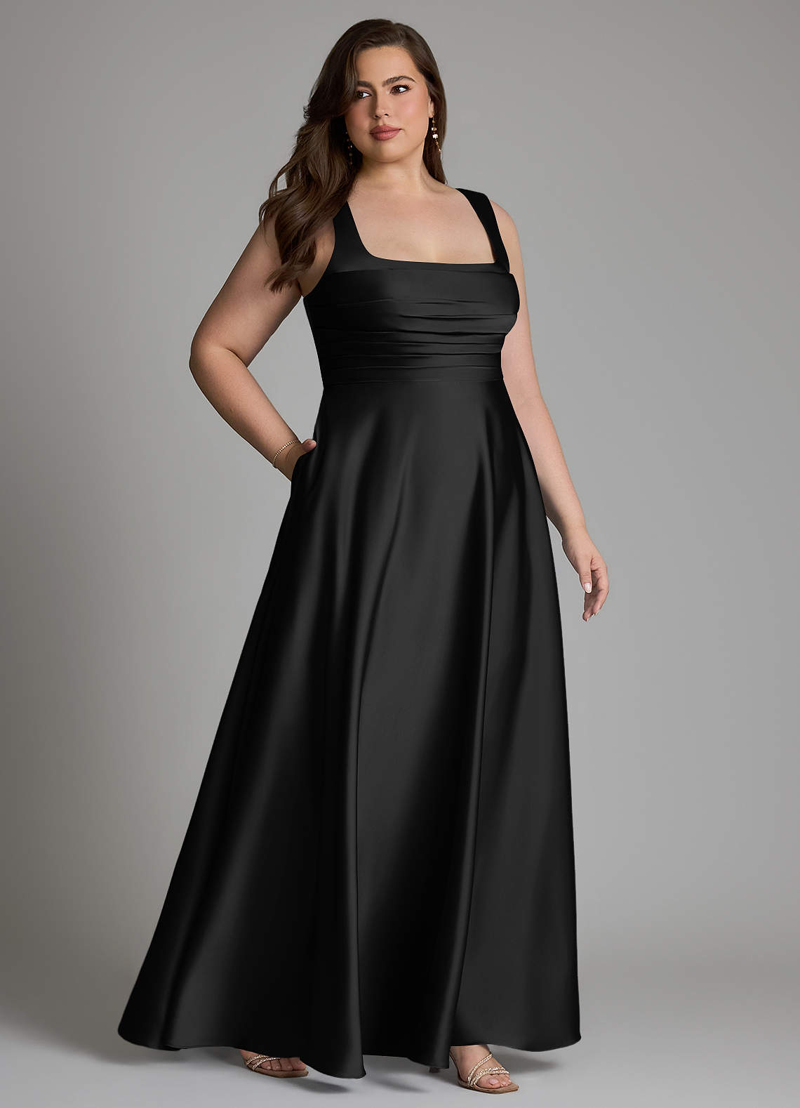 Azazie Azaria At-home Try On Dresses Black A-Line Corset Stretch Satin Dress image10