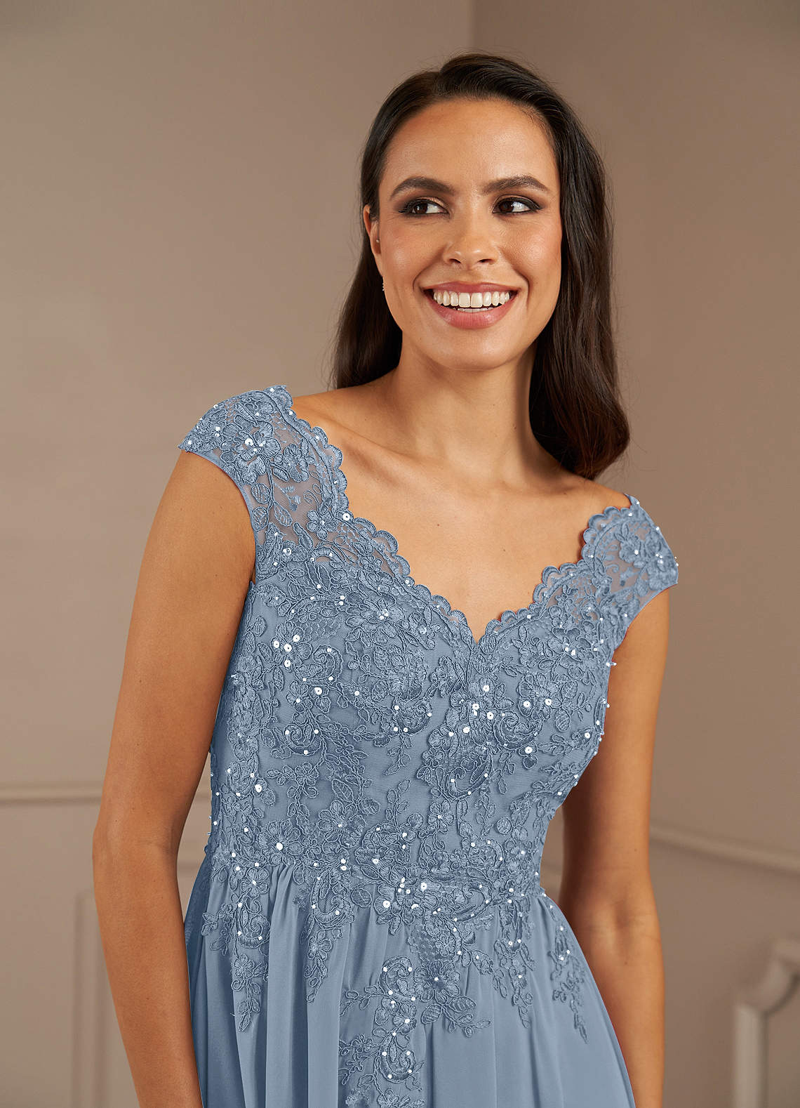 Azazie Amethyst Mother of the Bride Dresses Dusty Blue A-Line V-Neck Sequins Chiffon Dress image6