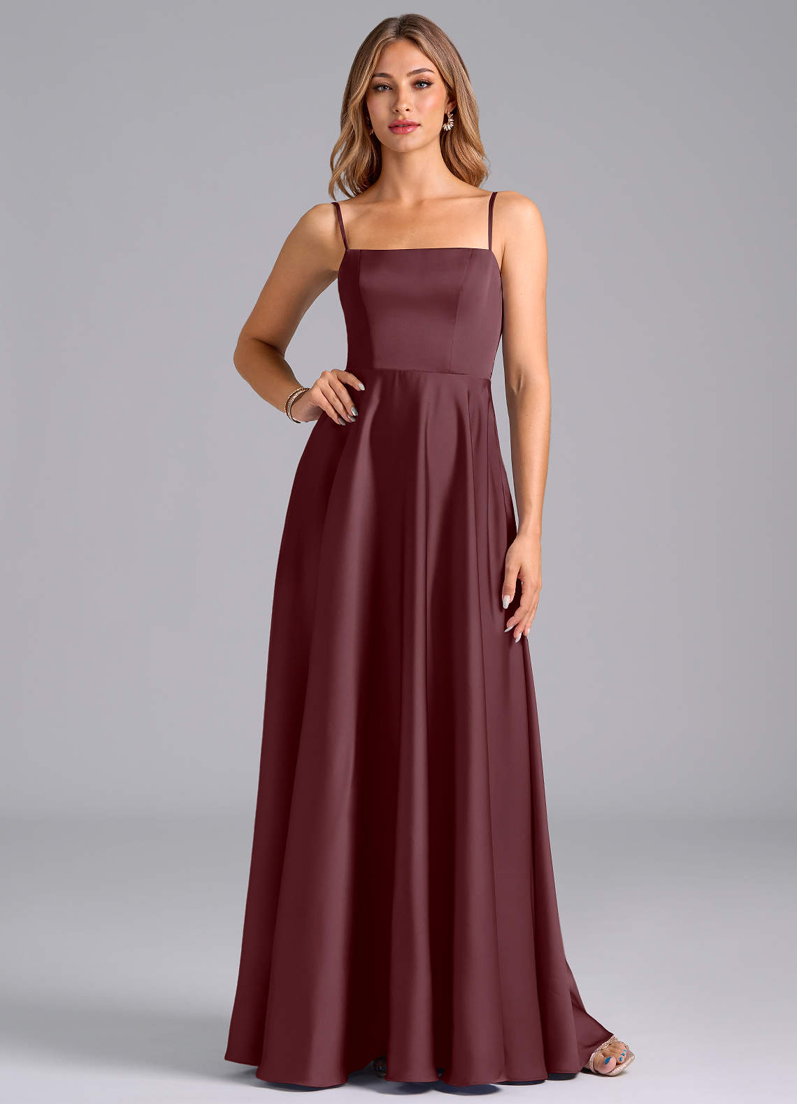 Azazie Elita Bridesmaid Dresses Sangria A-Line Pleated Stretch Satin Dress image1