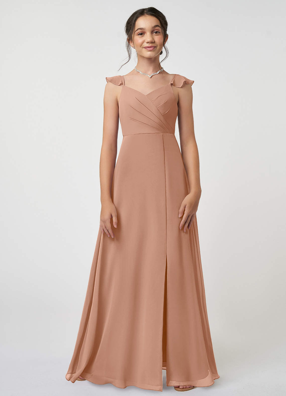 Azazie Amada Junior Champagne Rose A-Line Ruched Chiffon Dress image1