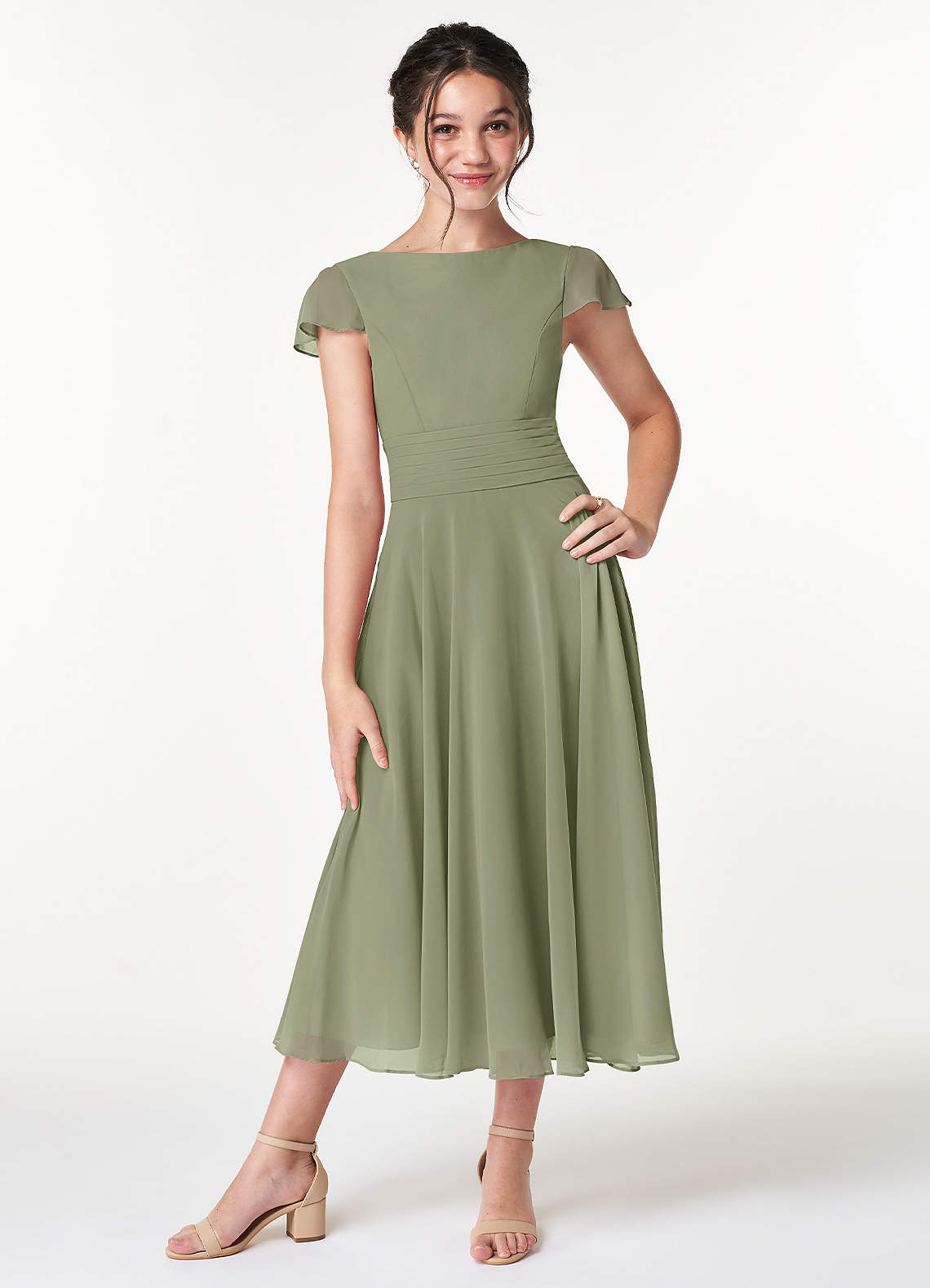 Azazie Payton Junior Pistachio A-Line Bow Chiffon Dress image1