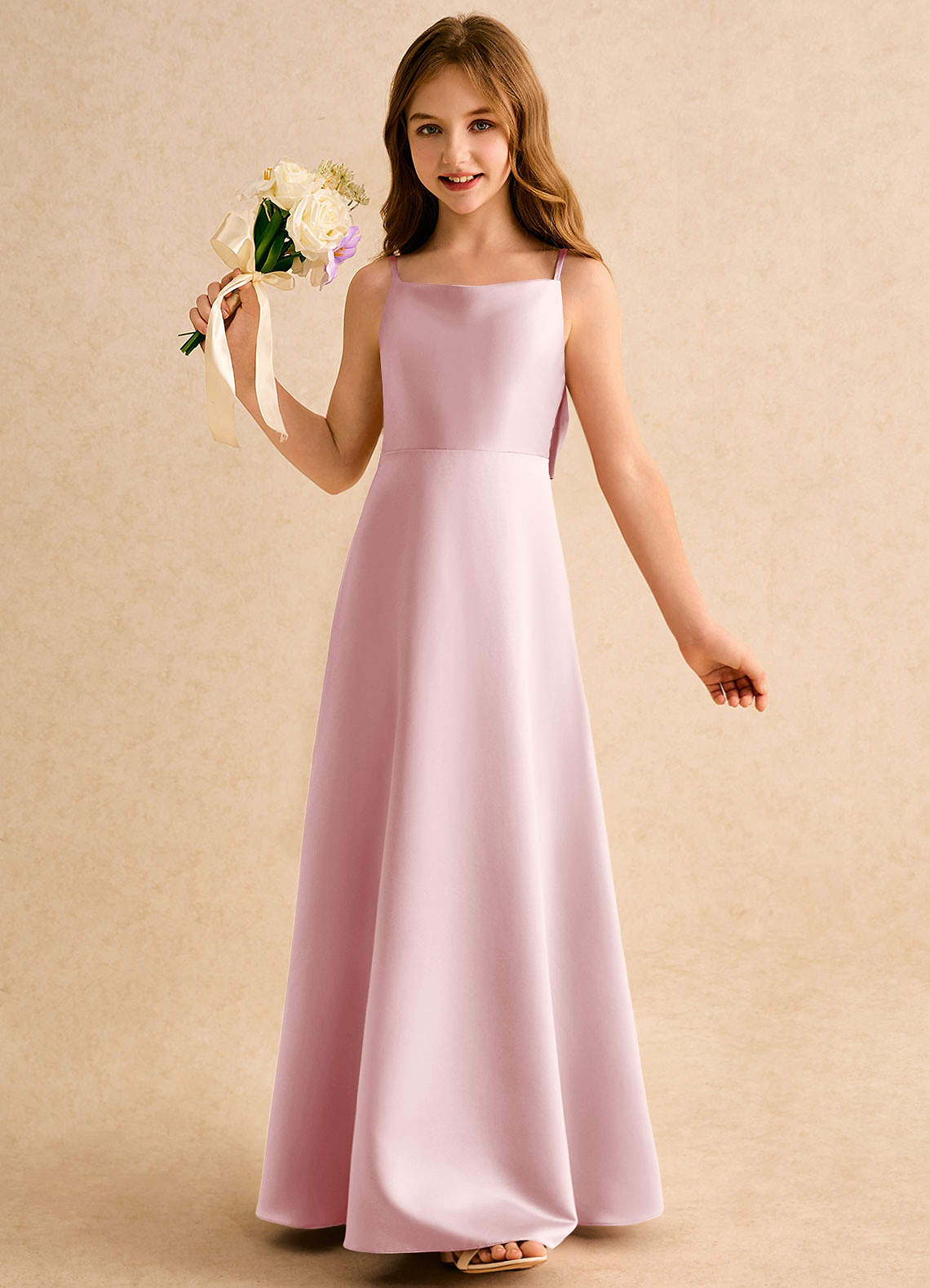 Azazie Joella Girls Formal Flower Girl Dresses Powder Pink A-Line Pleated Matte Satin Dress image2