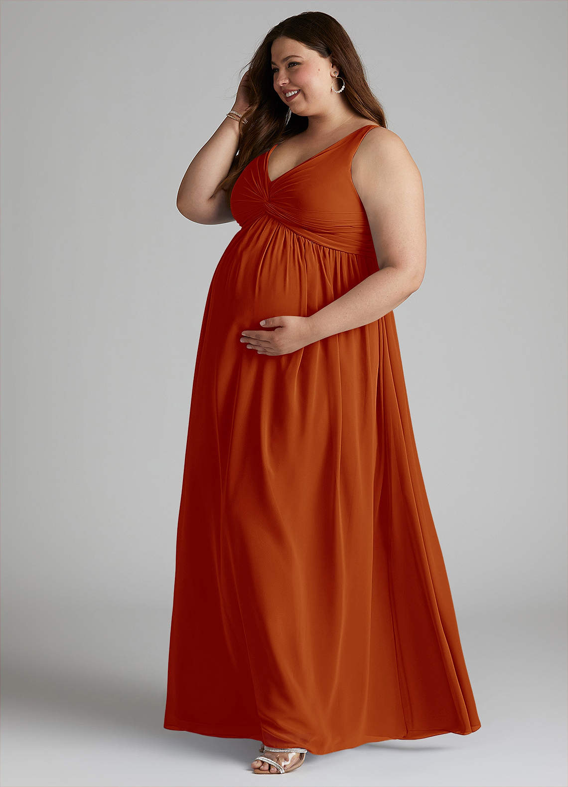Azazie Yetta Maternity Bridesmaid Dresses A-Line V-Neck Gathered Chiffon Floor-Length Dress image9