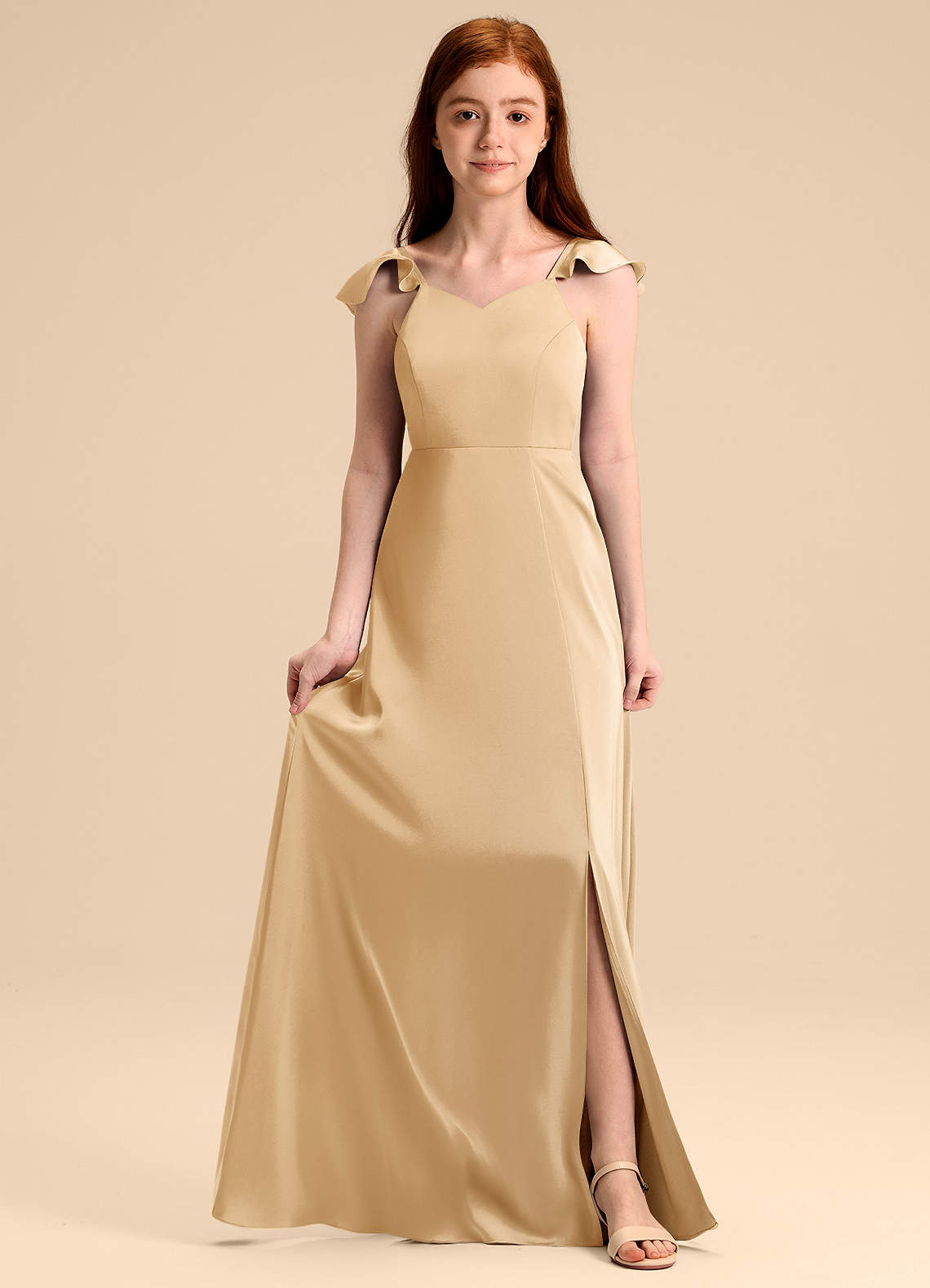 Azazie Everett Junior Vestido de Oro de Satén Elástico de Corte en A con Lazo image1