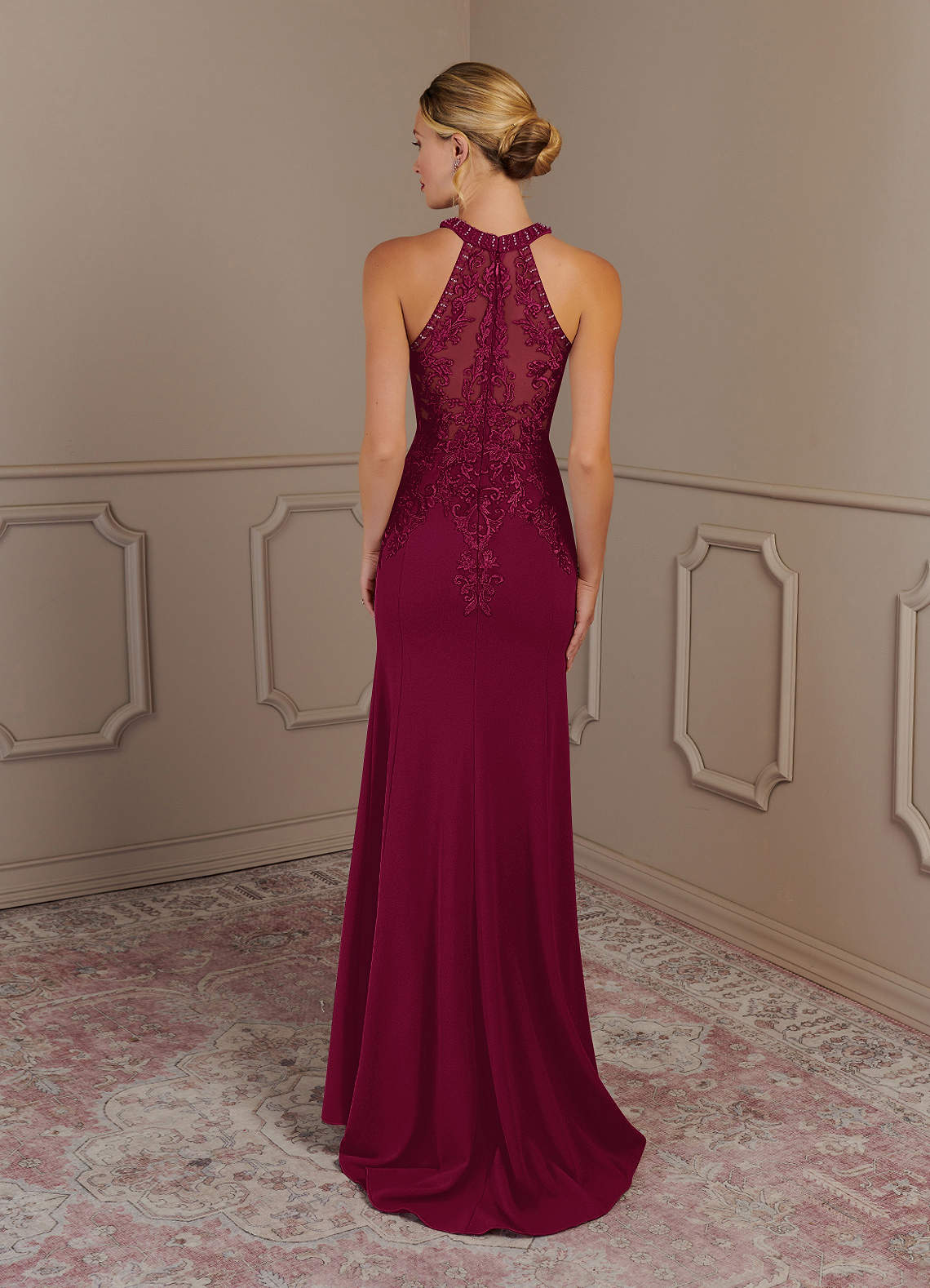 Azazie Tyra Mother of the Bride Dresses Burgundy Mermaid Halter Lace Stretch Crepe Dress image3