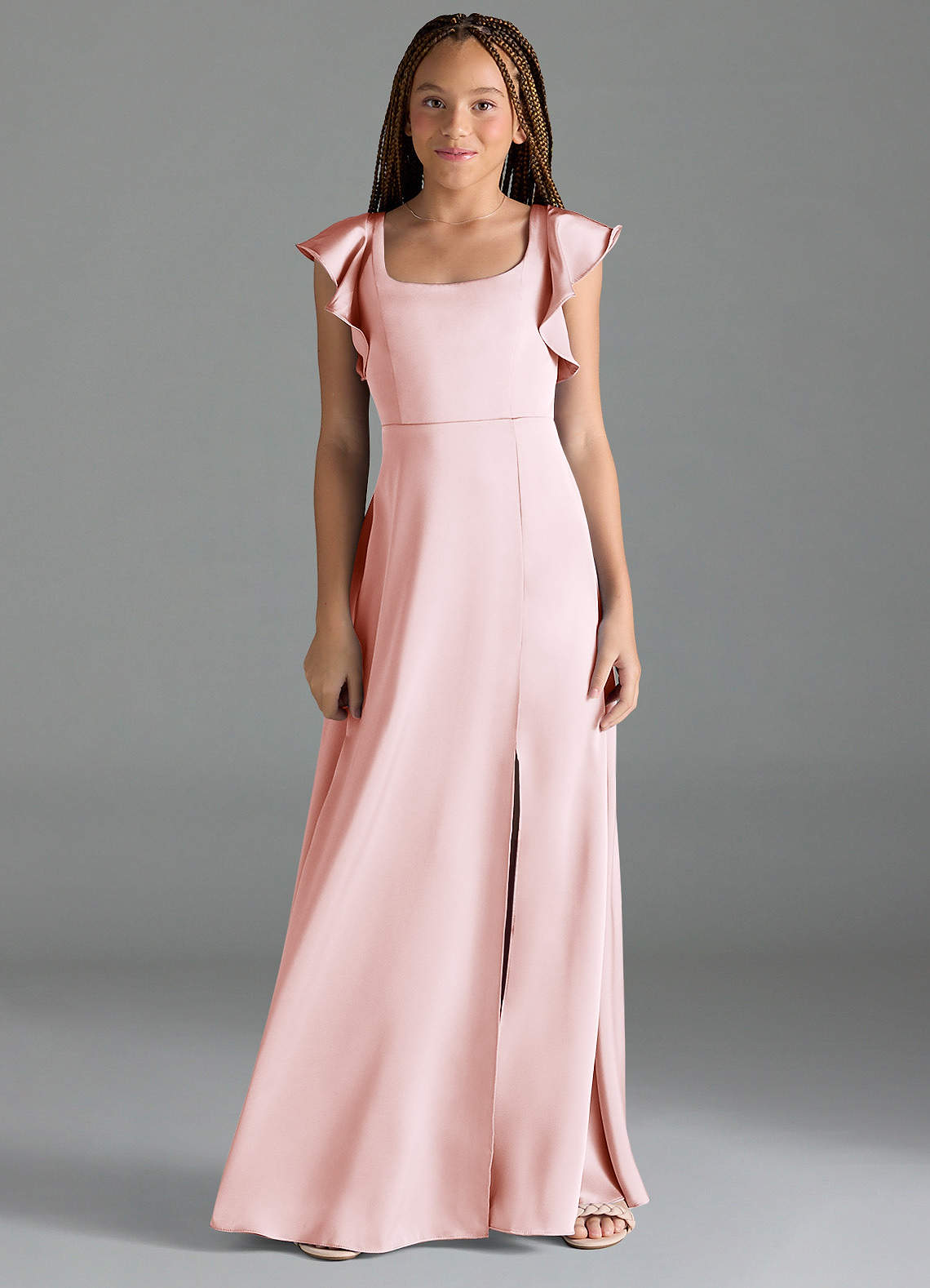 Azazie Bondi Junior Blushing Pink A-Line Side Slit Stretch Satin Dress image1