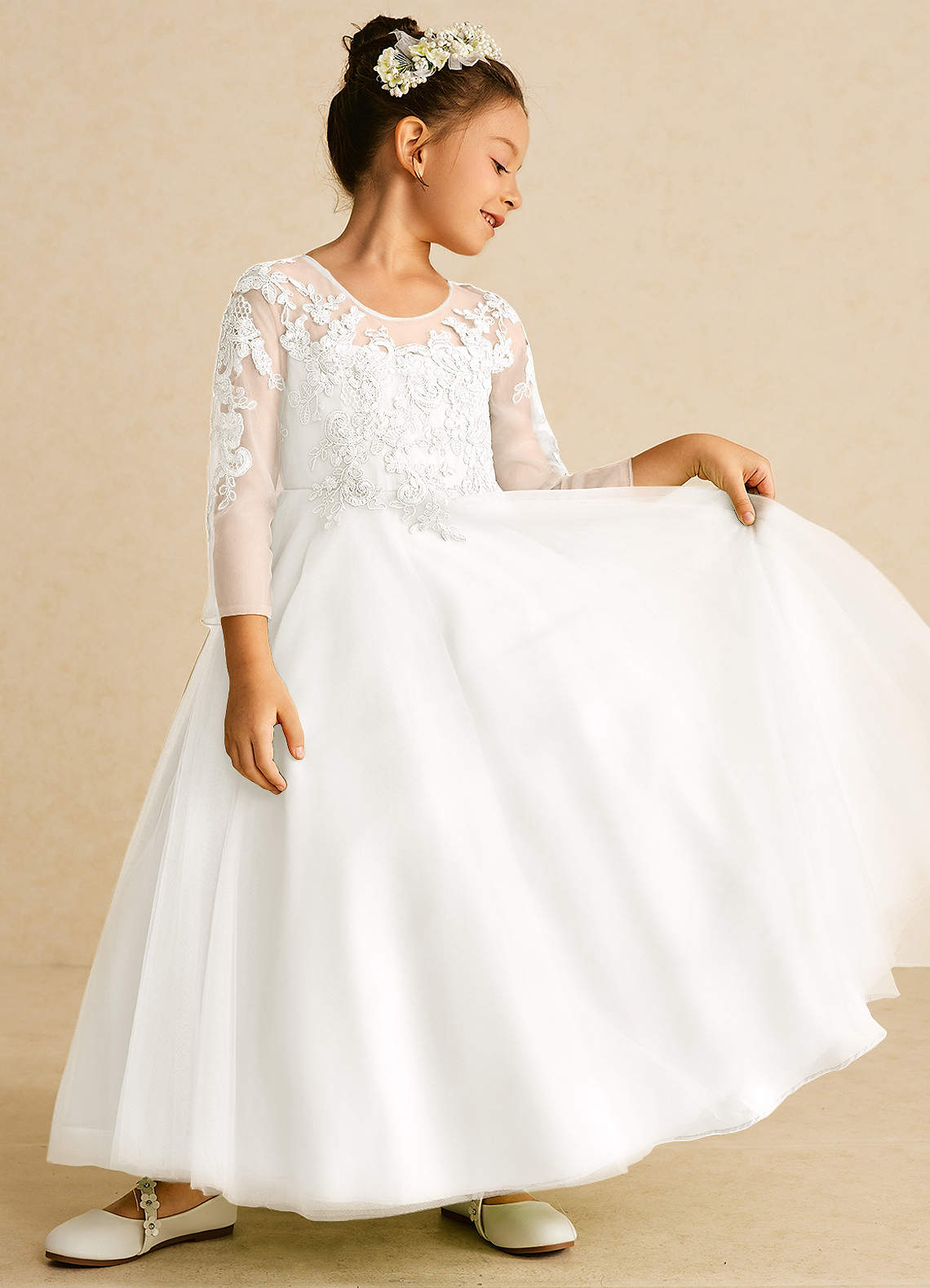 Azazie Precious Flower Girl Dresses Ivory A-Line Lace Tulle Dress image1